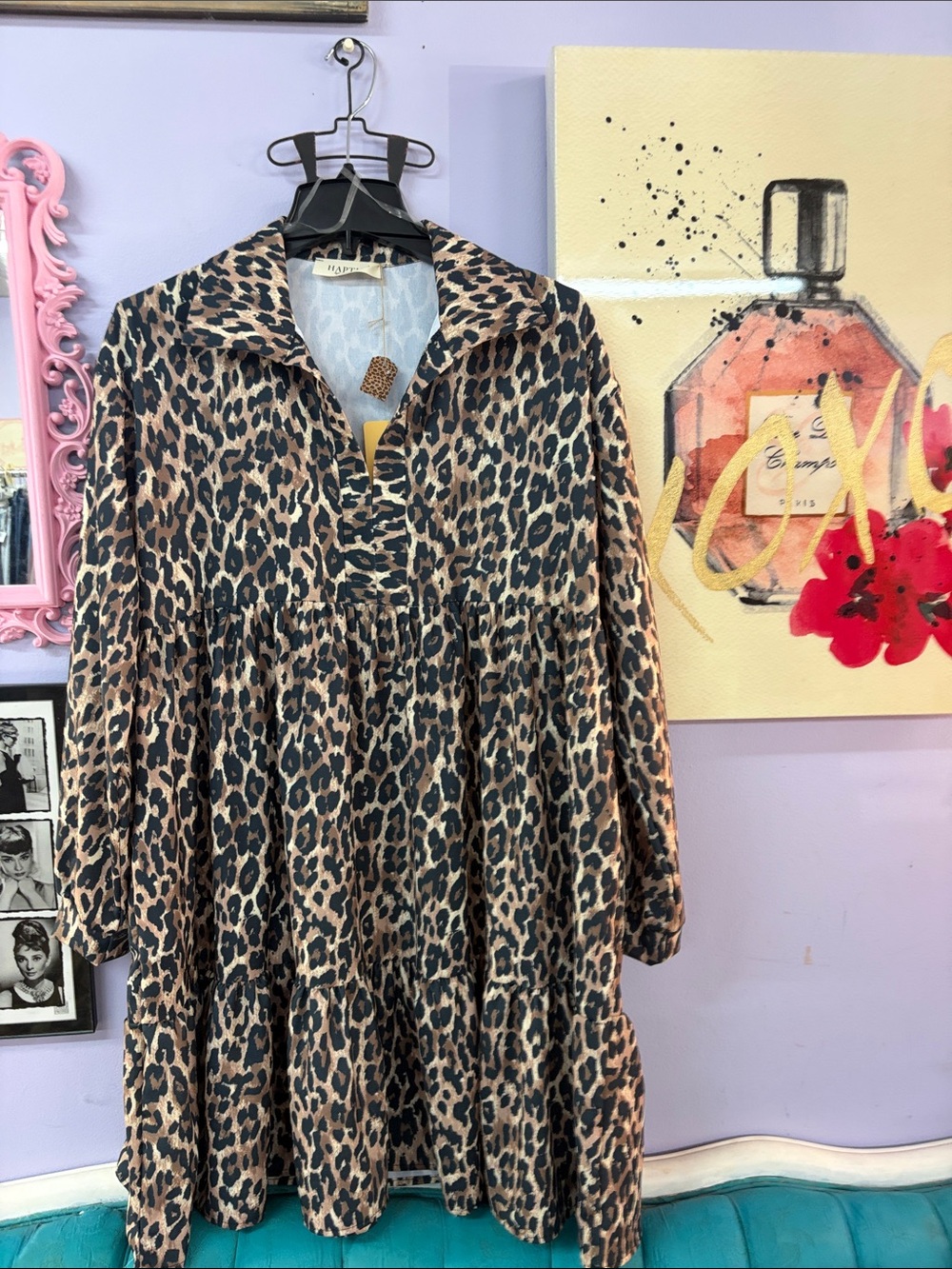 Leopard Print Tiered Shirt Dress - Beige/Black